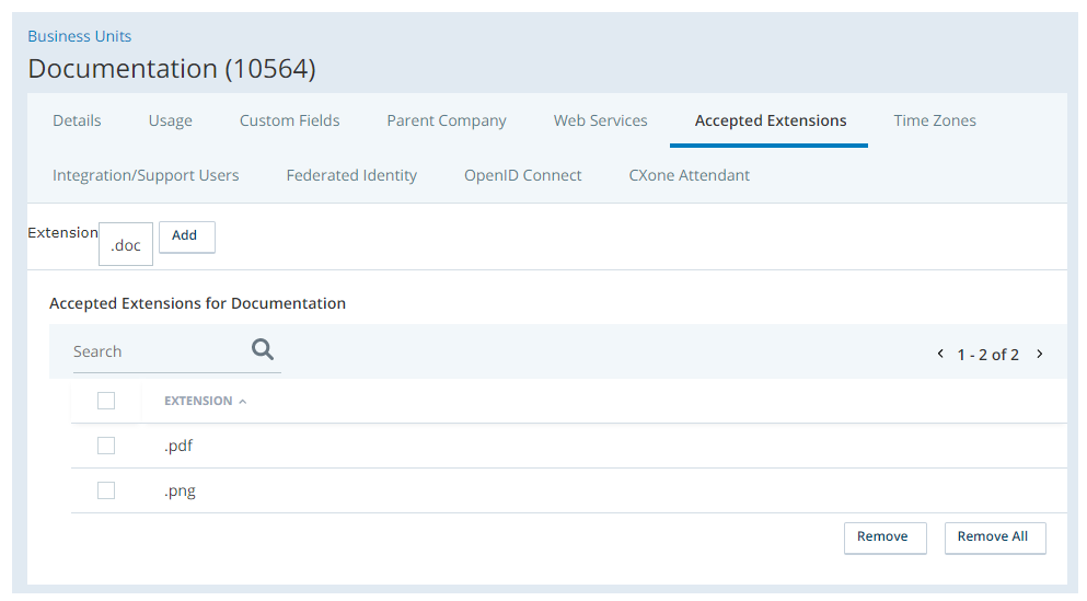 Screenshot of the business unit Accepted Extensions tab