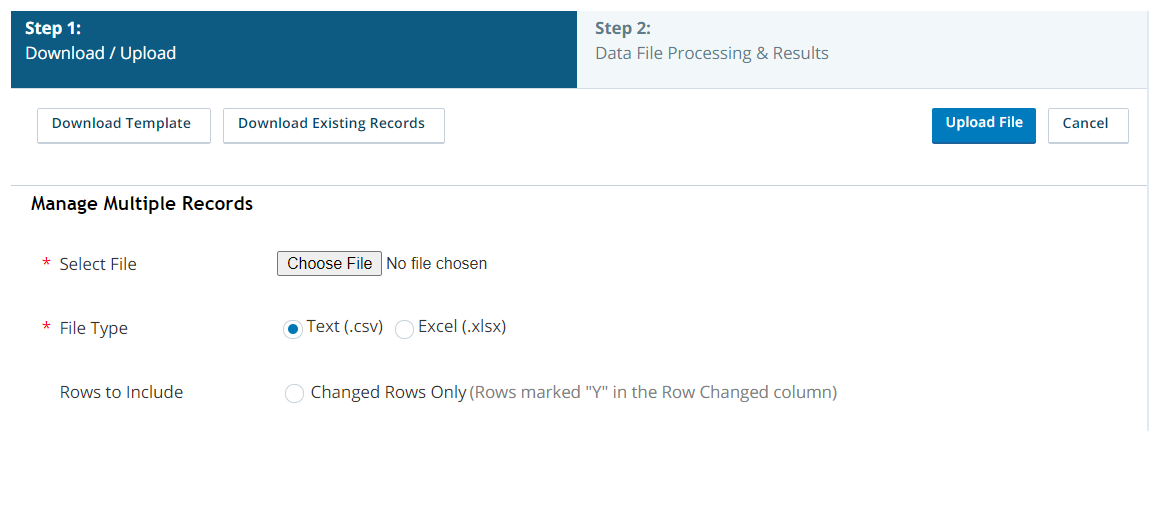 Screenshot of the manage multiple call suppression records Download/Upload page