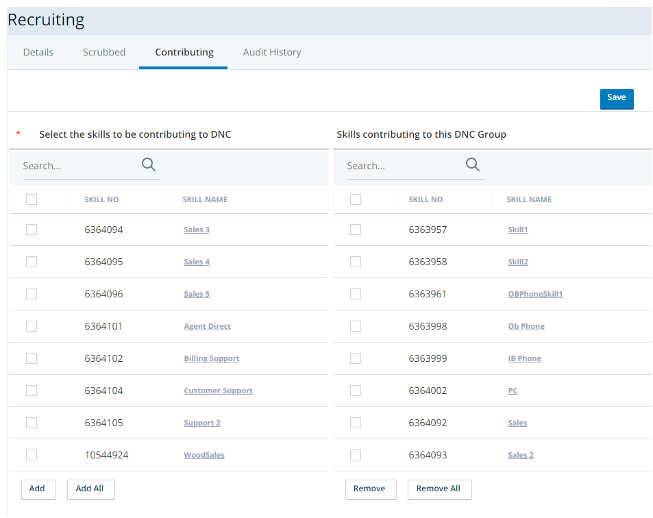 Screen capture of skills being added to the Contributing tab of a Do Not Call Group