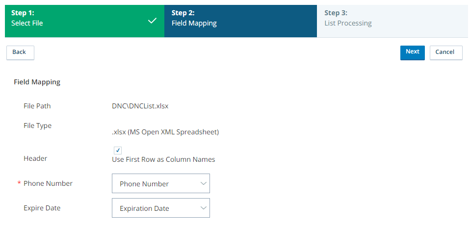 Screen capture of the Field Mapping tab of the DNC list upload wizard
