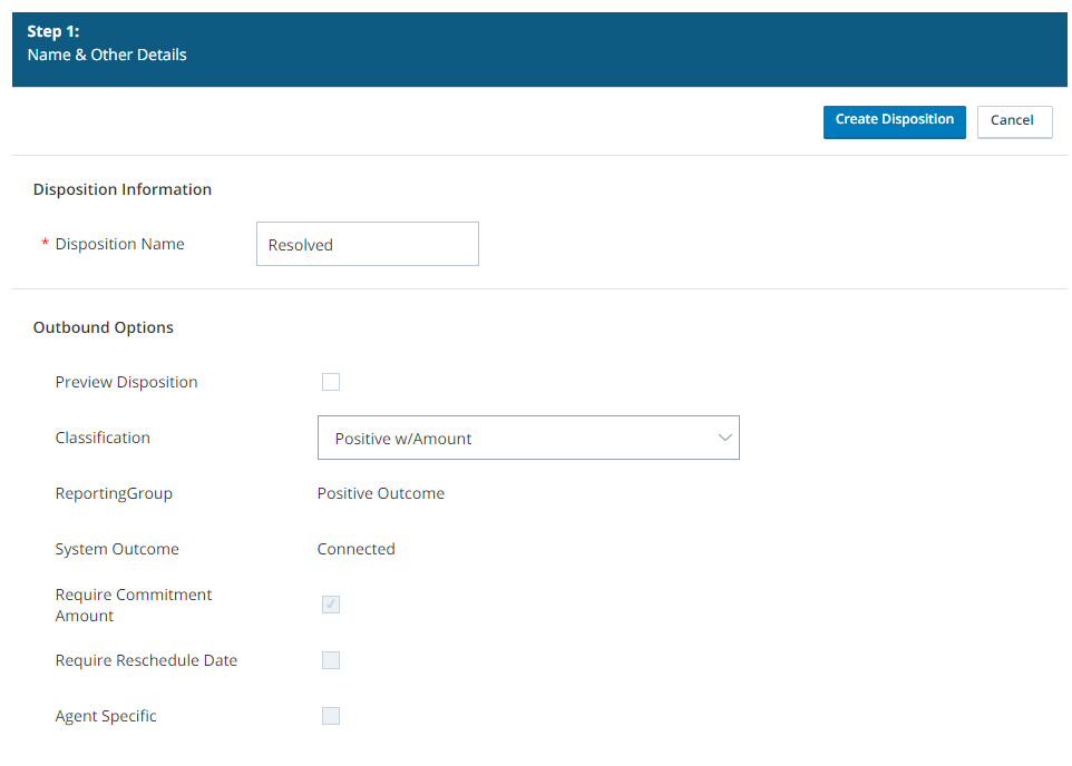 Image of the CXone disposition creation page