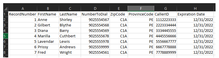 Screenshot of a calling list spreadsheet with an expiration date column