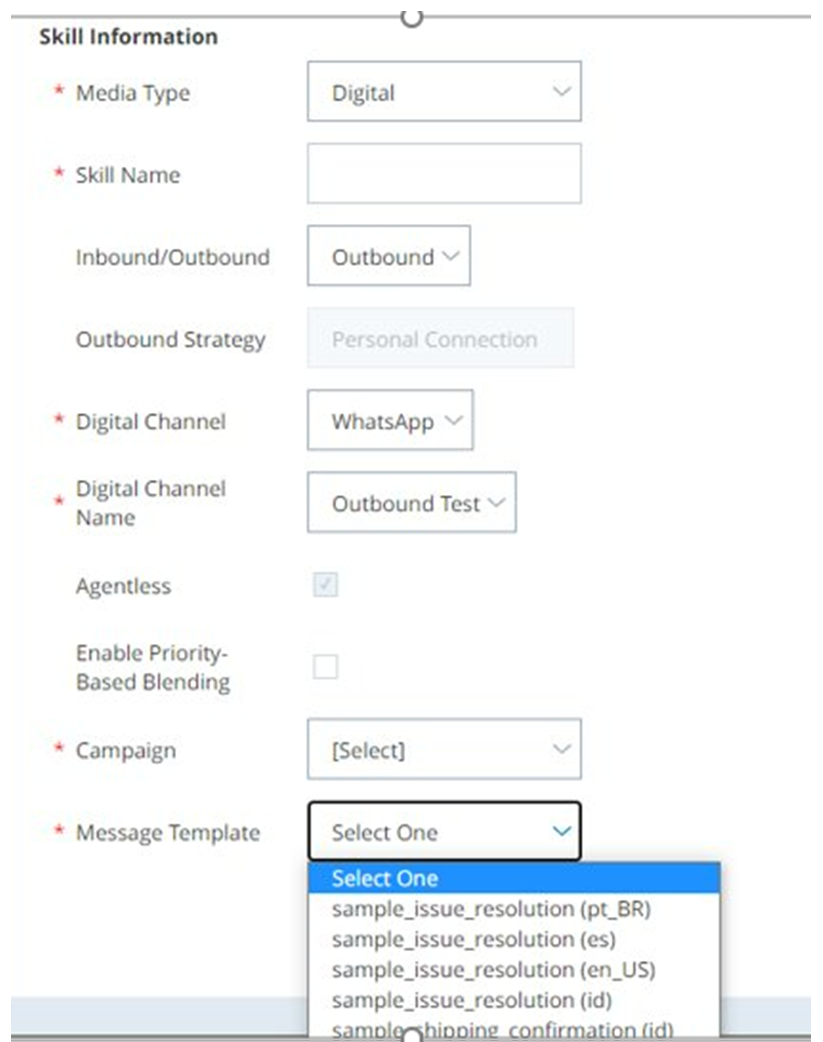 The Skill Information page, showing fields for media type, skill name, inbound/outbound, outbound strategy, digital channel, and so on.