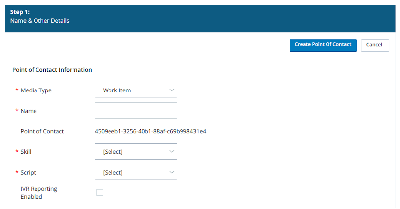 The Point of Contact Information page in ACD, with fields for Media Type, Name, Skill, Script, and more.