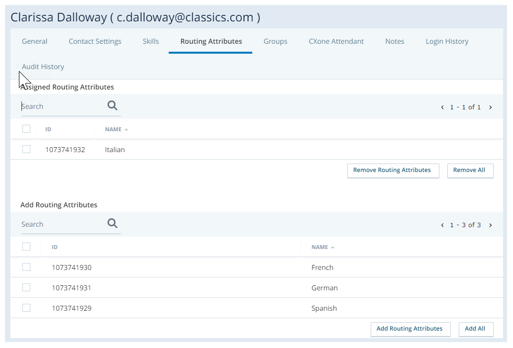 Shows an image of the Routing Attributes tab in a user account. The user has been assigned a routing attribute named French.