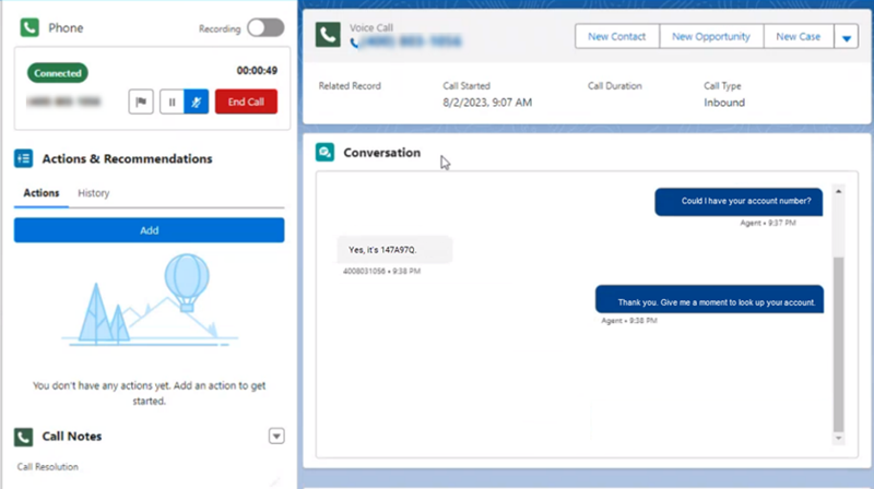 The Conversation window in Salesforce showing an inbound conversation between contact and agent. 