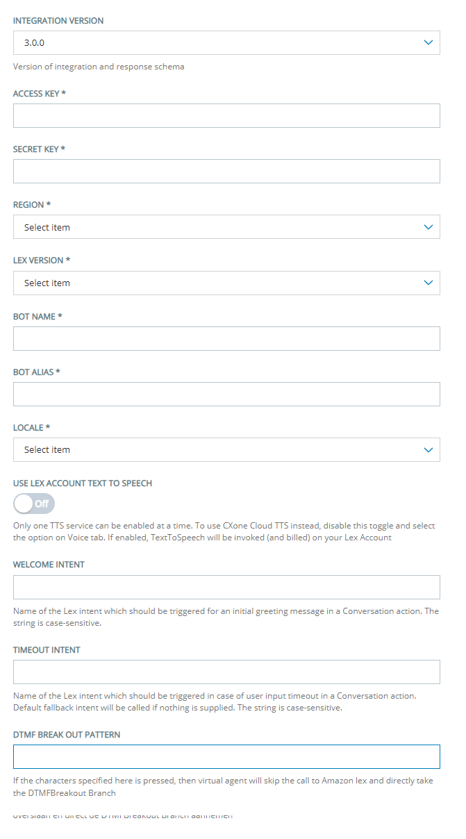 The Configuration page for adding an Amazon Lex V1 bot to CXone Virtual Agent Hub