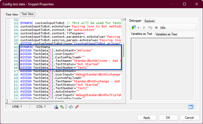 The Snippet editor window showing the Config test data snippet with the first part of the DYNAMIC TestData object definition surrounded by a rectangle.