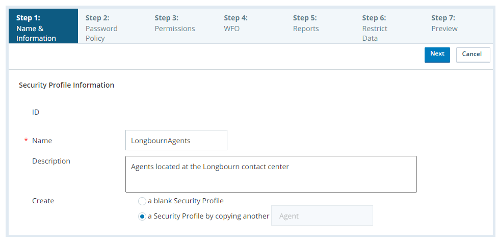 Screenshot of the security profile creation Name & Information page, configured for a copy of a system security profile