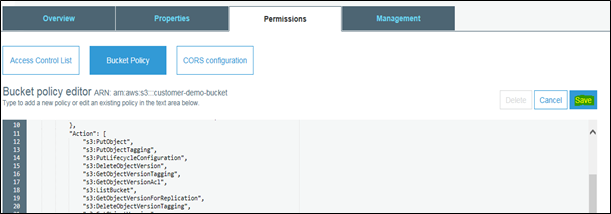 Screen shot of the Bucket policy editor in the AWS console.