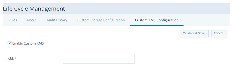 The Custom KMS Configuration tab within Life Cycle Management, where you can enable Custom KMS.