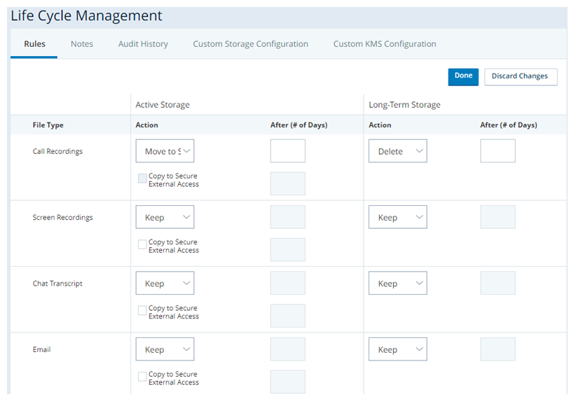 The Life Cycle Management page, where you can specify how you want files of each media type managed. 