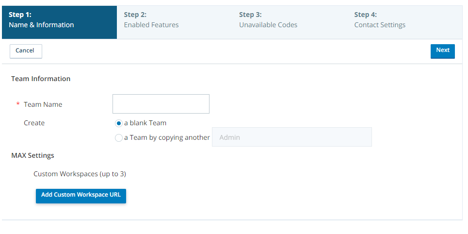 Screenshot of create new team page with no options selected