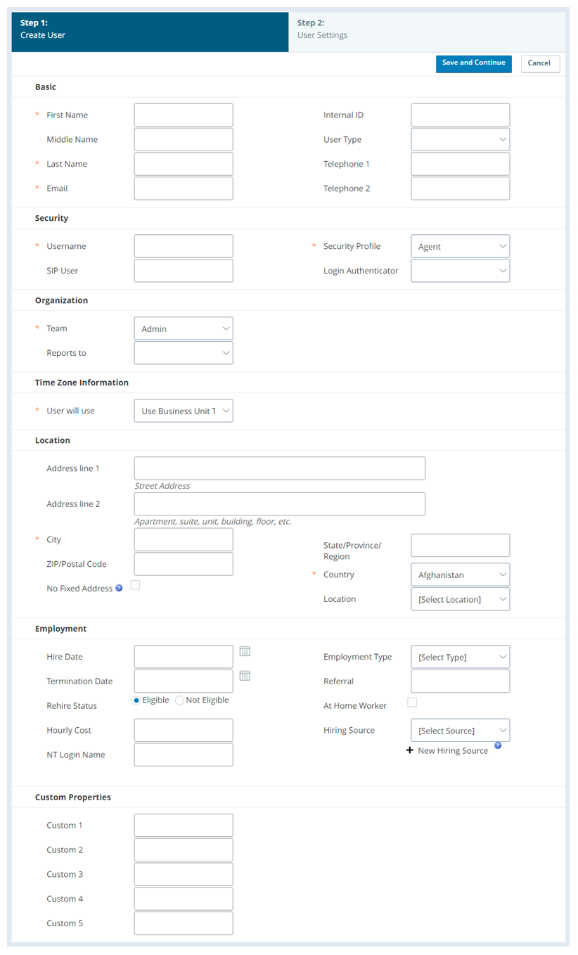 Screenshot of the Central user creation form