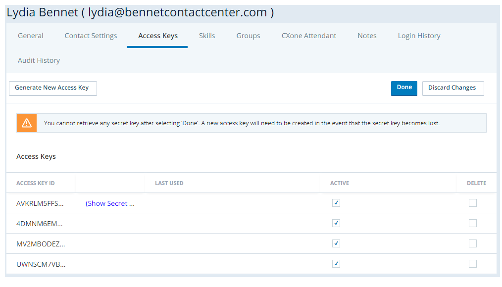 Screenshot of the Central user profile Access Keys tab