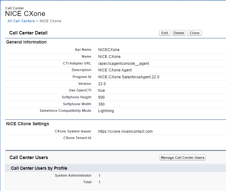 The Call Center Settings in Salesforce.