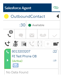 An active call in Salesforce Agent, with a custom mail icon below the contact name.