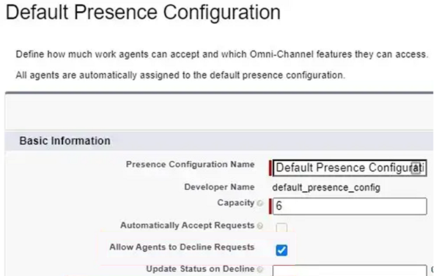 Default Presence Configuration for allowing agents to decline requests