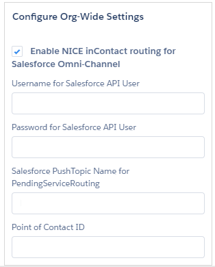 The Configure Org-Wide Settings page in Salesforce Agent Settings. The Enable NICE inContact routing for Salesforce Omni-Channel box is checked.