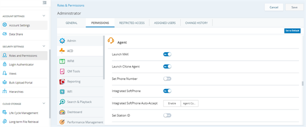 The Configure Org-Wide Settings page in Salesforce Agent Settings. The Enable NICE inContact routing for Salesforce Omni-Channel box is checked.
