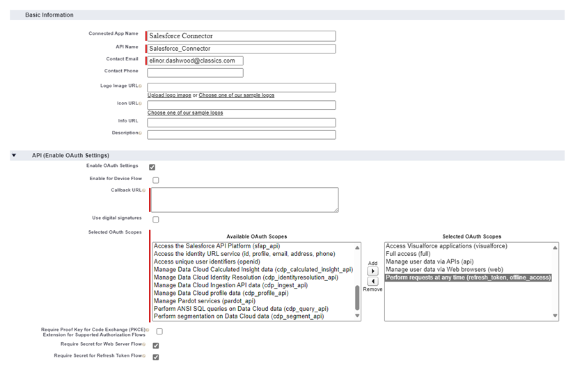 The New Connected App form, with sections for Basic Information and API (Enable OAuth Settings).