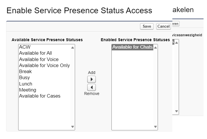 The Enable Service Presence Status Access form. Available Statuses on the left, Enabled Statuses on the right. Options to Add and Remove in the middle.