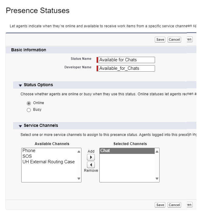 The Presence Statuses form, with fields for Status Name, Developer Name, and sections for Status Options and Service Channels.