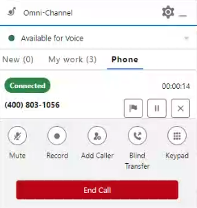 An active call in Agent for SCV, with the contact's info, the duration, call controls, and an End Call button.