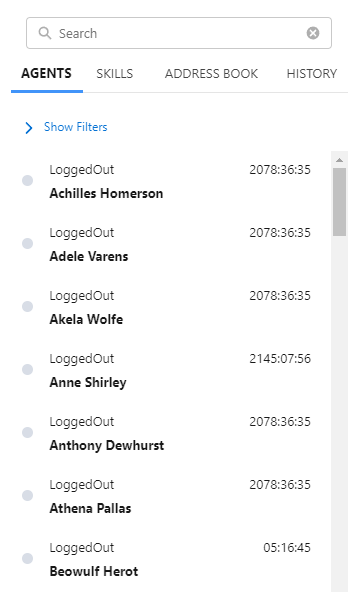 The Address Book in Salesforce Agent, with tabs for Agents, Skills, Address Book (for customer contacts), and History.