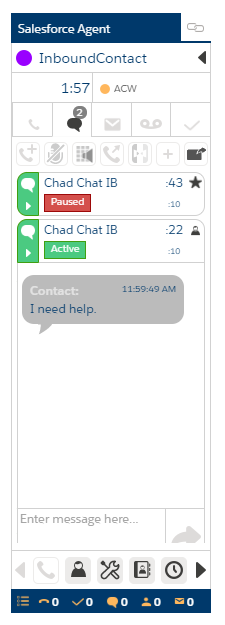 An active chat in Salesforce Agent, with the contact's name, their message, a text box, and a Send button.