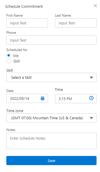 The Schedule Commitment window in Salesforce Agent, with fields for the contact's first name, last name, phone number, and more.