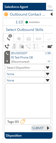 An active voice contact in Salesforce Agent with the Notes tab expanded. A drop-down for Select Disposition appears.