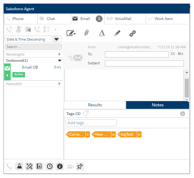 An active email in Salesforce Agent, with the Notes tab open. The Tags assigned to the email are displayed, with an Add tags search field.