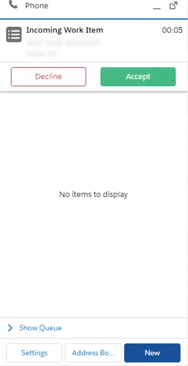 The Incoming Work Item pop-up in Salesforce Agent Lightning, with Decline and Accept buttons.