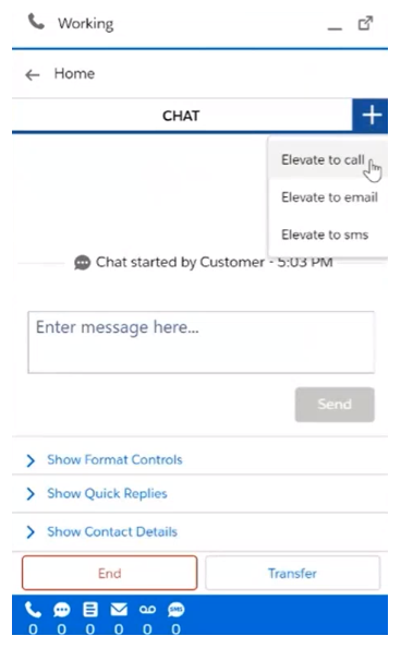 An active chat in Salesforce Agent Lightning. The Elevate icon (a plus sign) is clicked, and options for Elevate to call, email, and SMS appear.