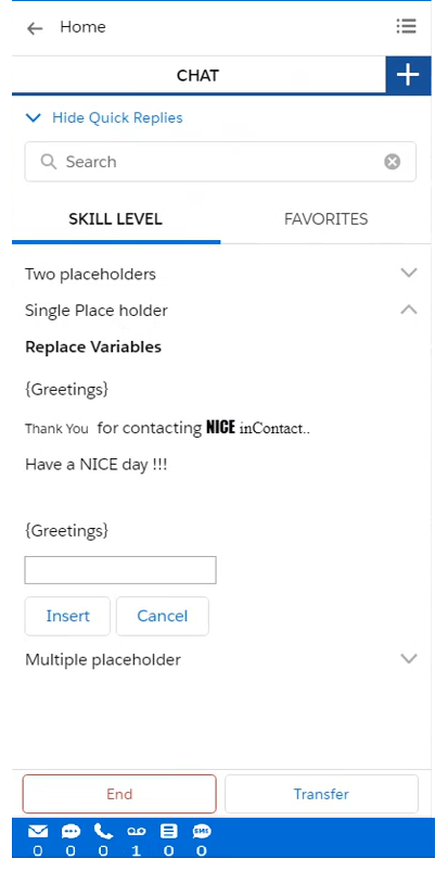 The Show Quick Replies option expanded, with a search bar and tabs for Skill Level and Favorites.