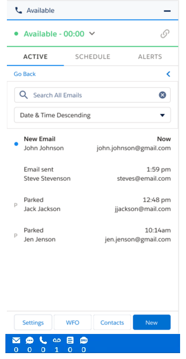 The Active tab in Salesforce Agent Lightning, displaying multiple emails.