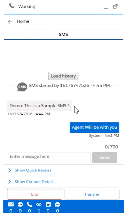 An active SMS message in Salesforce Agent Lightning, with the contact's message, a text box, and a Send button.