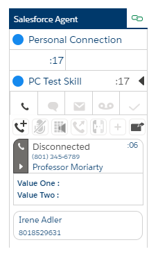 An active Personal Connection skill in Salesforce Agent, showing the skill name and duration.