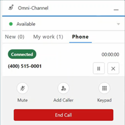 Screenshot of Agent for SCV. The Phone tab is clicked. Options for Mute, Add Caller, and Keypad.