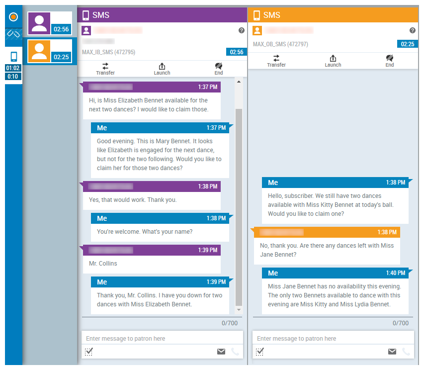 Image of the CXone Messaging (SMS) contact handling workspace with options to elevate to email and voice.