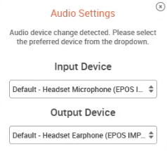 The pop-up says Audio device change detected. Please select the preferred device from the drop-down. There are two drop-downs: Input Device and Output Device.