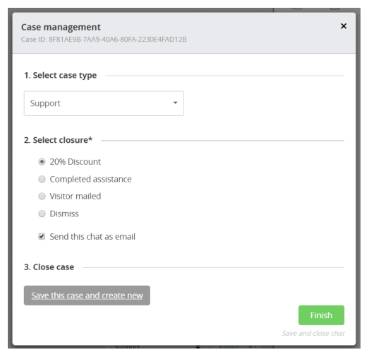 The Case management window in Advanced Chat, with a drop-down for Select case type, options for Select Cclosure, and a button for Close case.