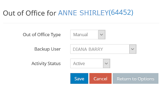 The Out of Office page, where you can set your status and designate a backup user to receive your calls while you're away from the office. 