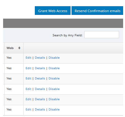 A portion of the Auto Attendant page showing the options to edit, view details about, and disable/enable users.