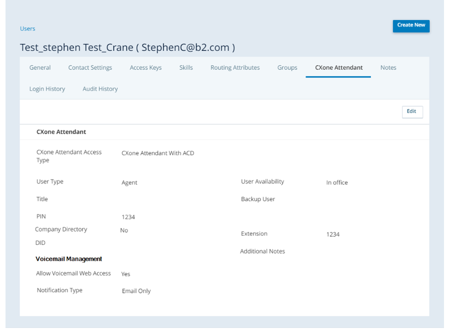 Screenshot of Users CXone Attendant tab