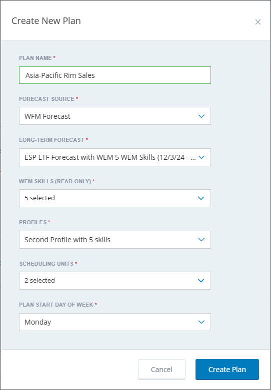 Screenshot of page 1 of the Create New Plan window