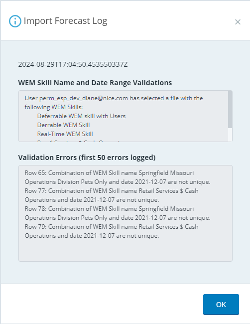Screenshot of an import forecast log example