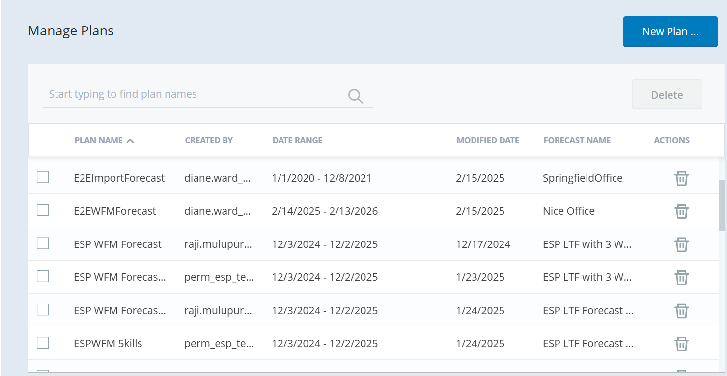 Screenshot of the Manage Plans page