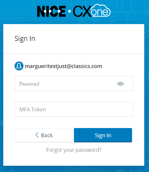 Employee password entry screen in CXone when MFA-specific fields
